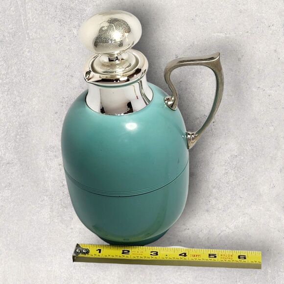 Vintage Manning Bowman Art Deco Turquoise Thermos & Tray w/ Glass Stopper Chrome - Picture 14 of 16
